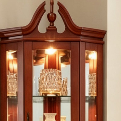 Solid Wood  Corner Curio Cabinet With Adjustable Glass Shelves & Mirrored Back, Traditional Display Storage For Living Room & Bedroom
