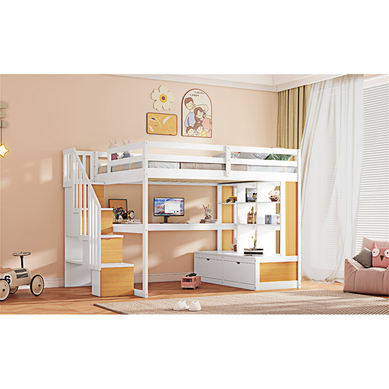 Lit mezzanine avec bureau et tablettes, Naturel + blanc