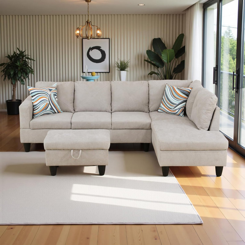 3-Piece Flannelette  Modular Sectional Sofa, Off White, Right Hand Facing