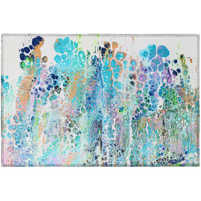 Tapis bleu / vert / mauve abstrait tissé à la machine