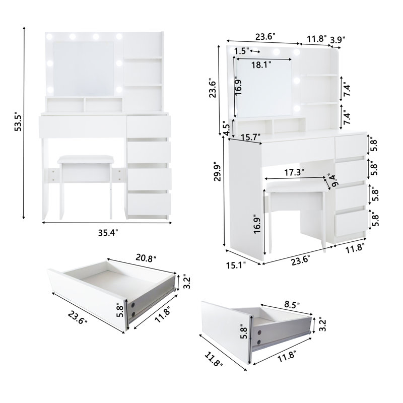 Makeup Vanity Desk Set with Mirror, Lights, and Storage with Power Strip