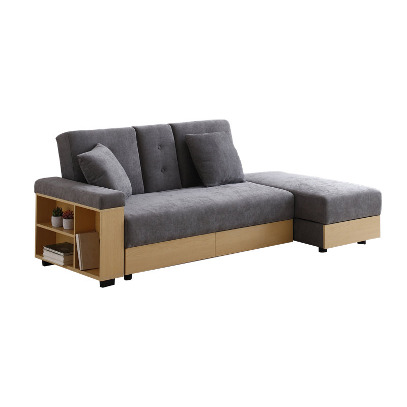 Convertible Sleeper Couch Sectional Sofa with Drawers and Storage Ottoman, Gray Cotton Blend