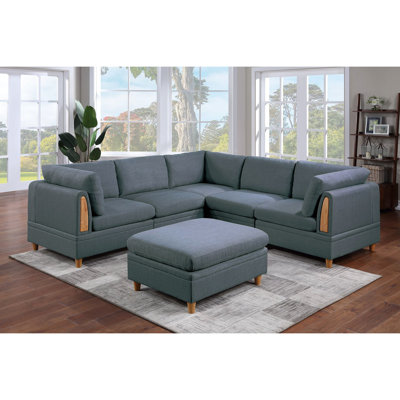 Contemporary 6 Sectional In Fabric With Clean Back Steel Grey For 6 People, Modern