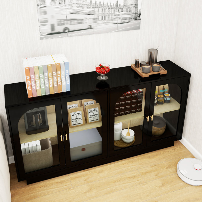 Black Modern Sideboard Cabinet With 4 Glass Doors, Buffet Cabinet With Storage