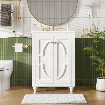Meuble-lavabo moderne avec motif elliptique orné, charnières à fermeture douce et pieds tournés en boule de l'élégance française, idéal pour les salles de bain élégantes et fonctionnelles