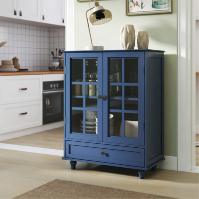 Buffet Buffet minimaliste bleu avec double porte en verre et tiroir, armoire de rangement moderne en bois