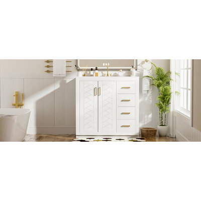 Ensemble de meuble-lavabo 36 po avec lavabo en céramique, armoire de rangement en bois massif, ensemble de meuble-lavabo autoportant avec 3 tiroirs et portes à fermeture douce