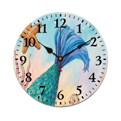 Watercolor Mermaid Tail Wall Clocks, 12" X 12", For Bathroom & Coastal Decor