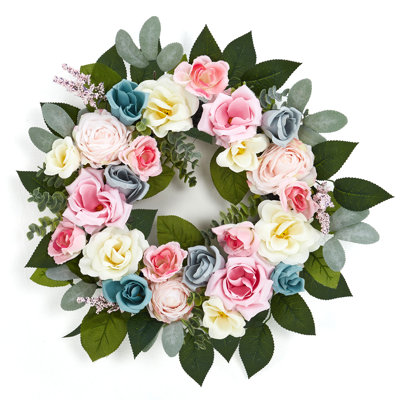 20in Artificial Rose Spring Summer Wreath, Realistic Spring Fake Rose Flower Decor with Real Rattan Base, Front Door Home Mother's Day