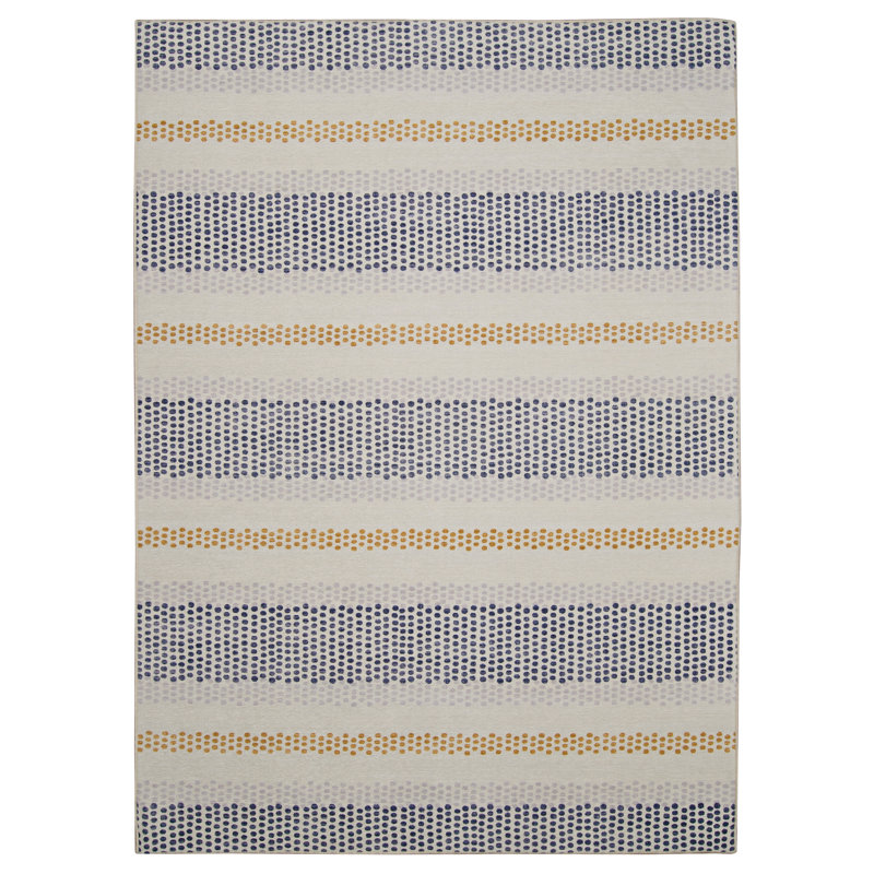 Anna-Sophia Dotted Stripe Ivory and Blue Indoor Outdoor Machine Washable Area Rug, Rectangle 5' x 7'