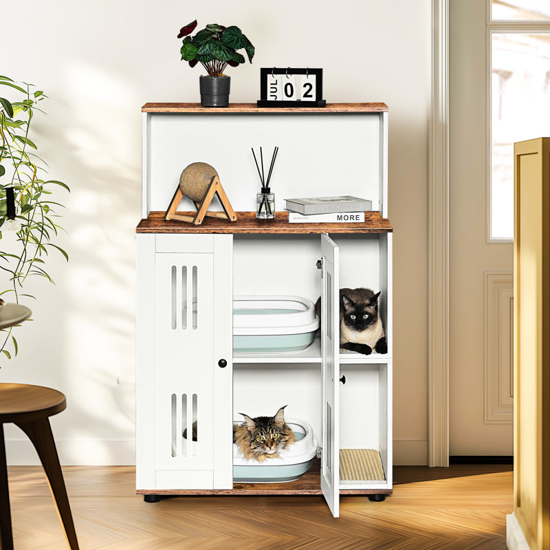 Enceinte pour litière pour 2 chats, armoire latérale multifonctionnelle, toilette cachée, deux compartiments, chambre double à panneau de particules blanc et noyer pour chats, utilisation spécifique, portes, trous d'air sur la porte, fabrication