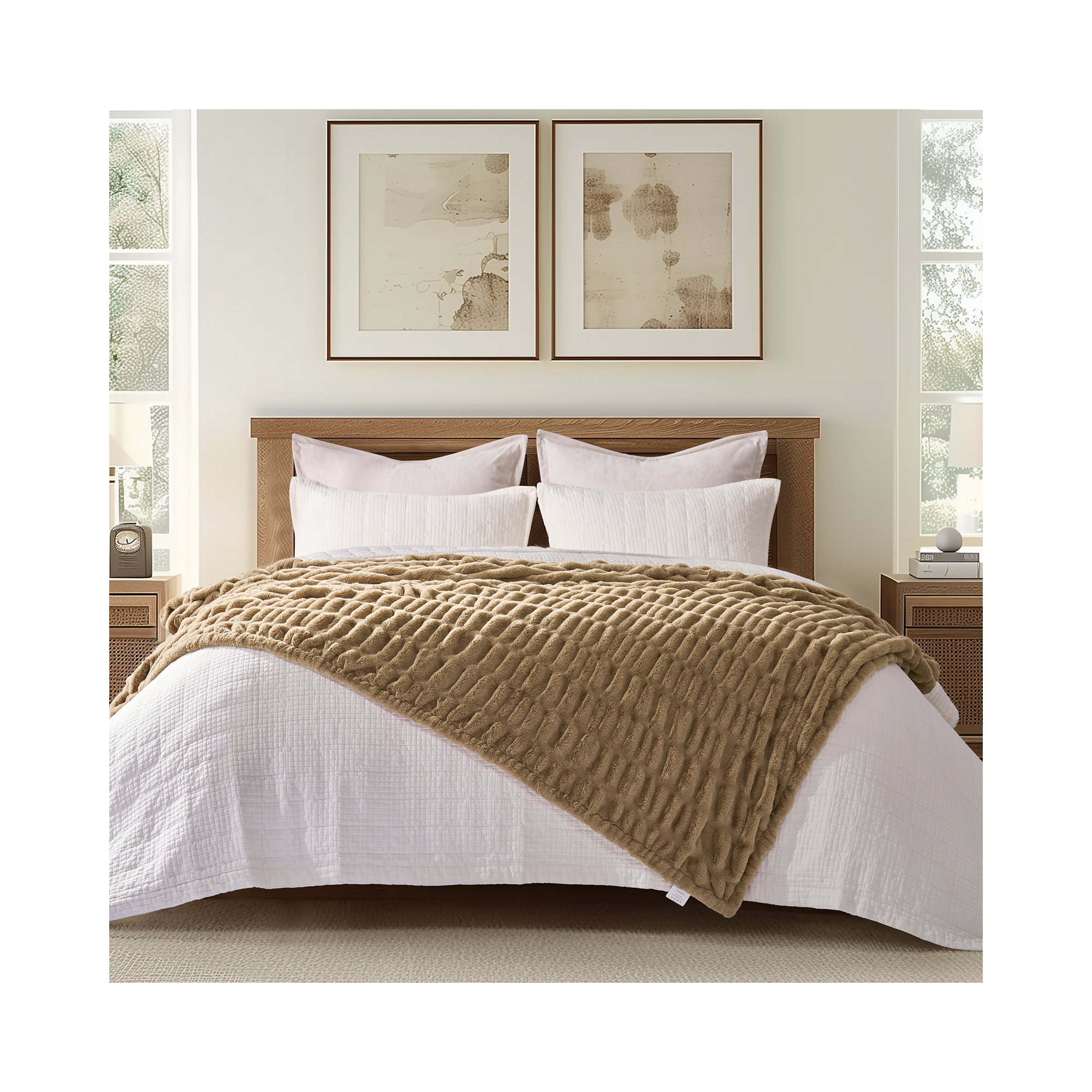 Ruched Bubble Faux Fur Throw Blanket, Camel, 50" W x 60" L