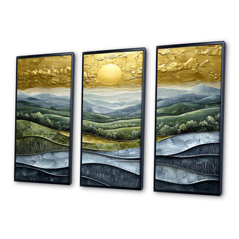 Ensemble de salon art mural vert Alpine Meadows Abstract Landscape I, Toile avec cadre flottant noir