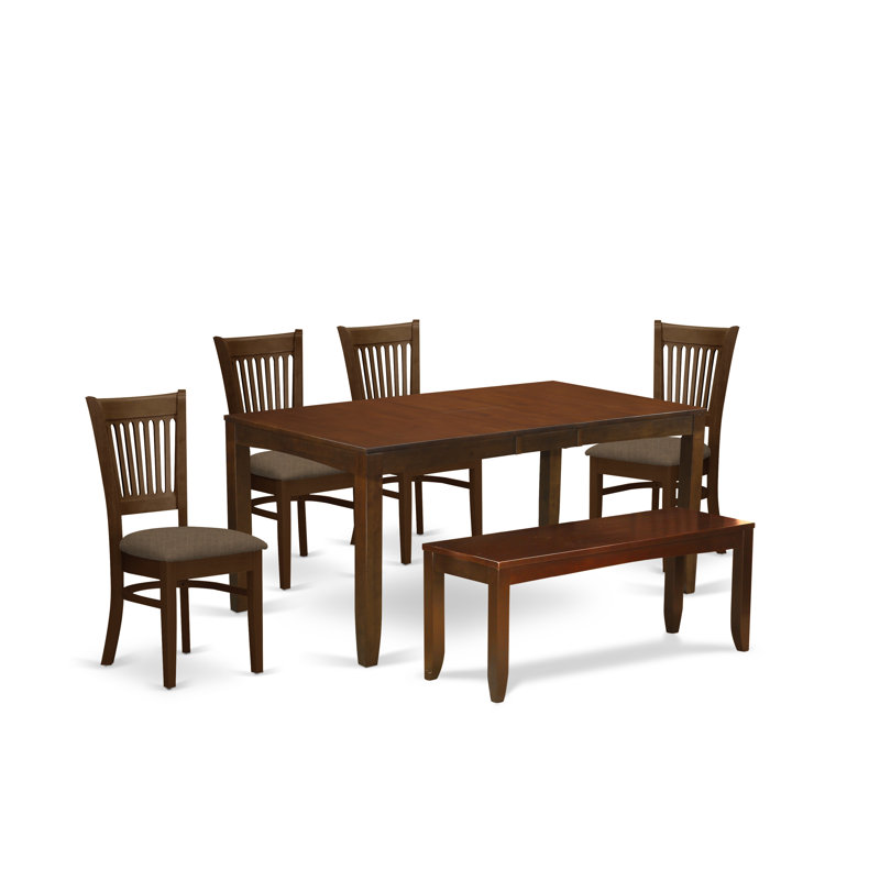 L'ensemble de table de cuisine 6 pièces contient une table de salle à manger rectangulaire avec feuille papillon et 4 chaises de salle à manger en tissu de lin avec banc, espresso