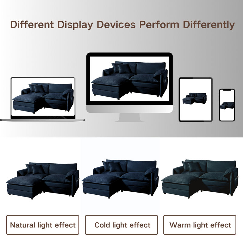 Deep Seat Sectional Cloud Sofa With 2 Ottomans & Soft Pillows, Loveseat Modular Couch For Living Room, Apartment,DIY Combination,Blue