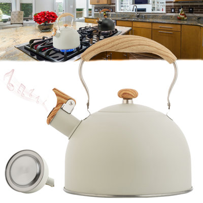 Théière Whistle 2,5 litres, bouilloire en acier inoxydable avec poignée pliante en bois pour le thé