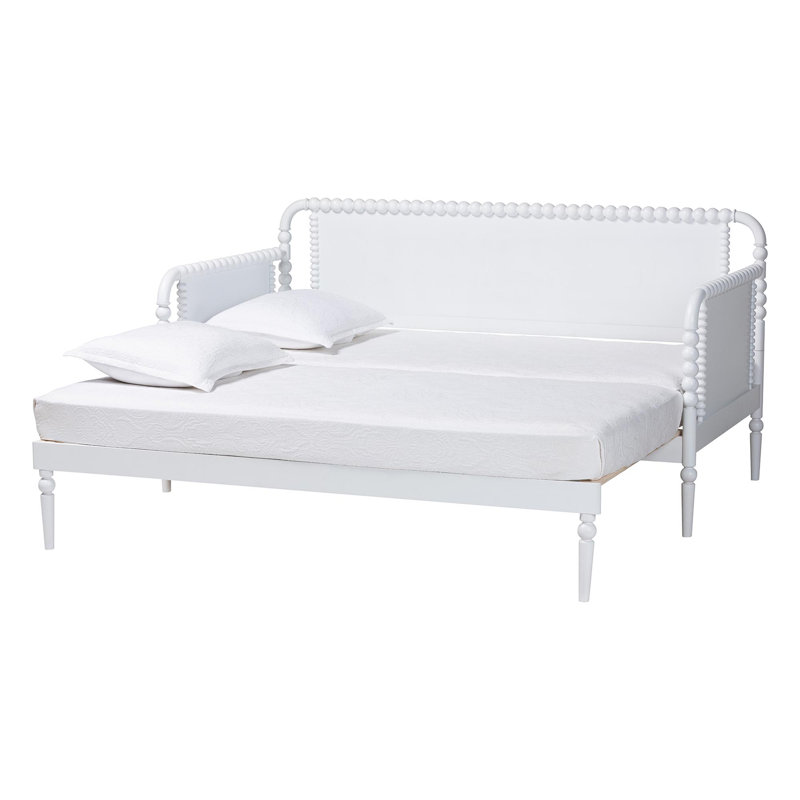 Baxton Studio Lucera Bobbin Twin-To-King Expandable Daybed - Wood Bed Frame With Turned Spindle Detailing, Classic Style Sofa Bed For Bedroom Or Guest Room, White