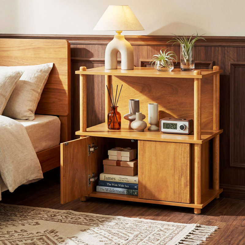 Kiyora Japandi Wood Storage End Table with Open Shelves