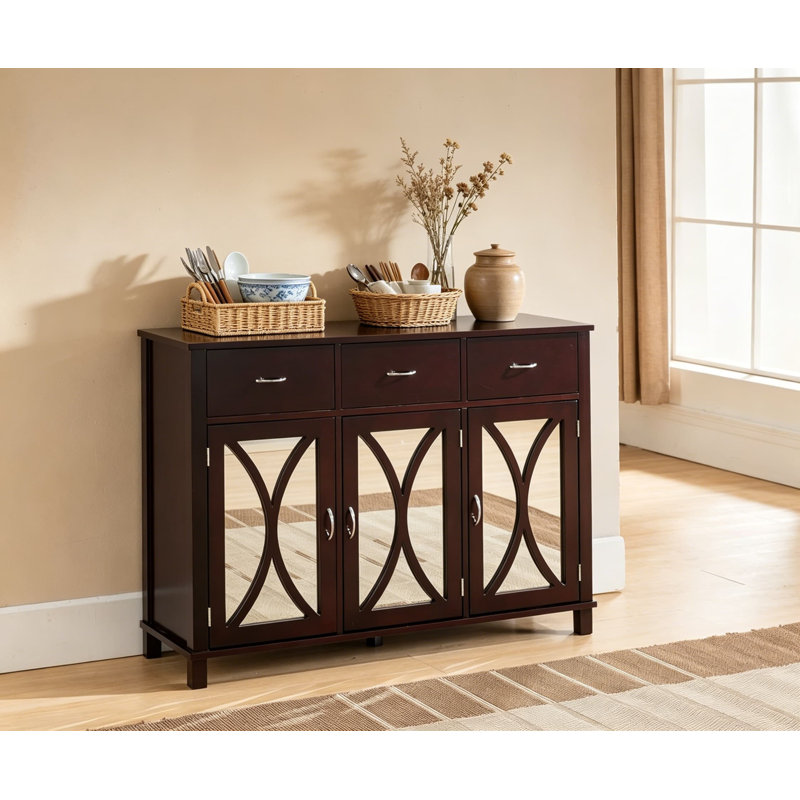 Buffet Buffet avec portes en miroir et tablettes réglables, console en bois au fini espresso pour la salle à manger, 43 po