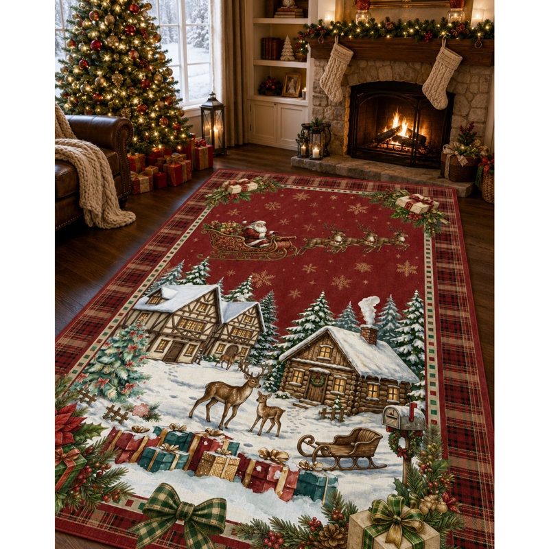 Tapis de Noël avec traîneau du Père Noël et village enneigé, Rouge, 9*12