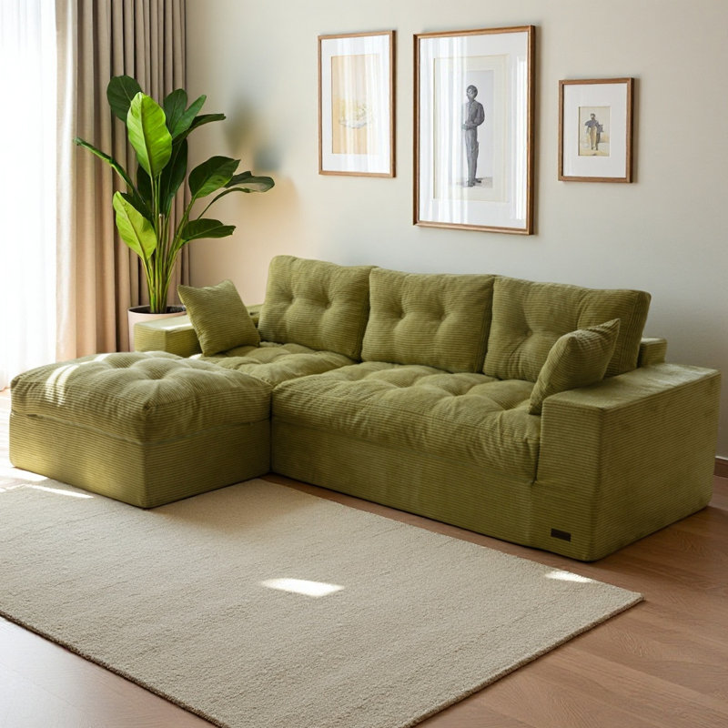 Boneless Corduroy Cloud Modular Couch,4-in-1 Flexible Combination Sectional Sofa, Green, 22" H x 104" W x 37.75" D