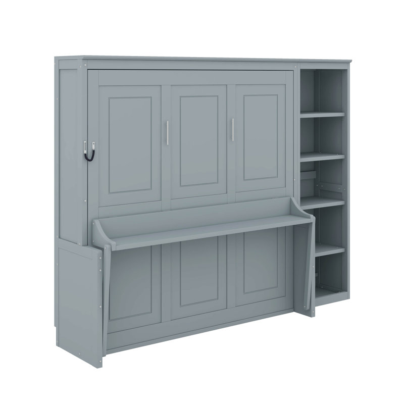 Grand lit escamotable avec bureau et bibliothèque, Gris, Grand lit