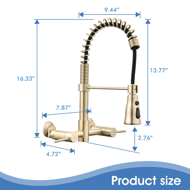 3 Functions Wall Mounted Bridge Kitchen Faucet, 1.8GPM, Brushed Gold
