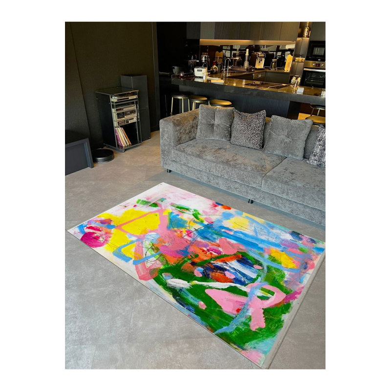 Tapis décoratif lavable à la machine à motif abstrait multicolore, Sous-tapis rectangulaire de 3 pi 3 po x 4 pi 11 po