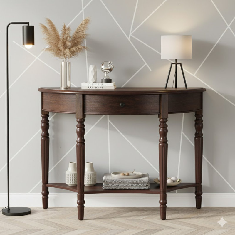 TREXM Farmhouse Half Moon Console Table With Drawer & Shelf - Rustic Accent Table, Sofa Table For Entryway, Living Room, Hallway And Foyer (Espresso)