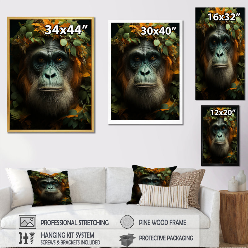 Singe orang-outan dans la jungle ensoleillée I, Cadre simple noir, H 32 po x l 16 po x P 1 po