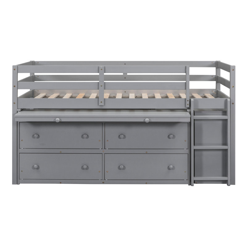 Lit mezzanine simple gris avec bureau et rangement, fabrication en bois massif pour une durabilité de rangement sur tablette latérale - Conception compacte