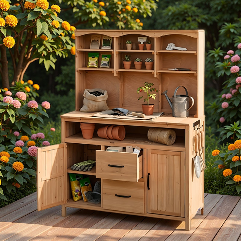 Banc de rempotage multifonctionnel avec 6 tablettes supérieures, 2 armoires inférieures, 2 tiroirs, une tablette inférieure ouverte, 3 crochets latéraux et un grand comptoir