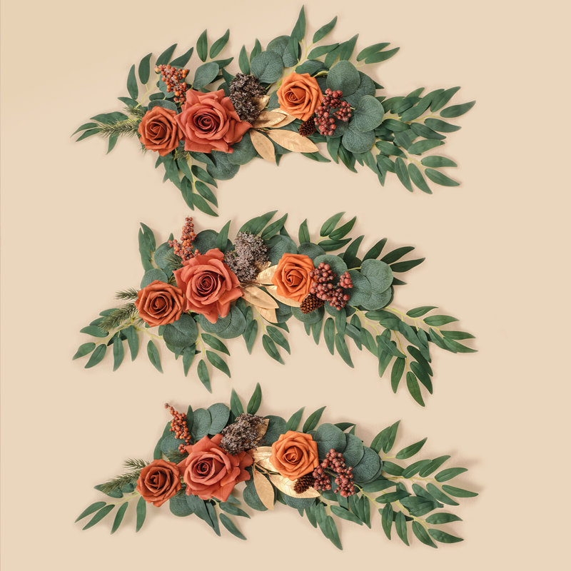 3 Pieces Set Burnt Orange Artificial Flower Garland, Candle Rings Wreath, Hanging Decor