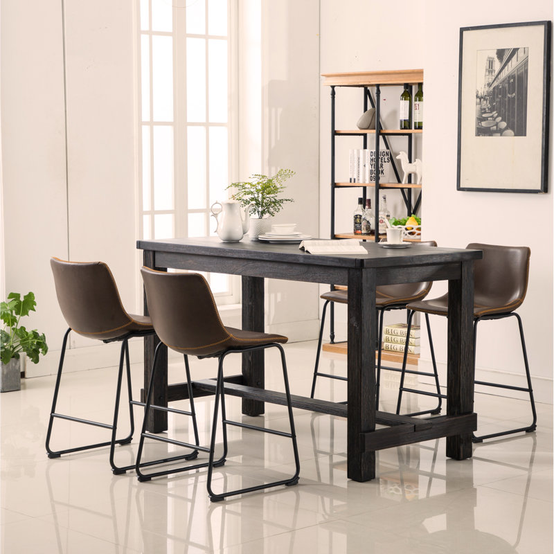 Ensemble de salle à manger à hauteur de comptoir en bois antique: table et quatre chaises, Noir, noir, noir, noir