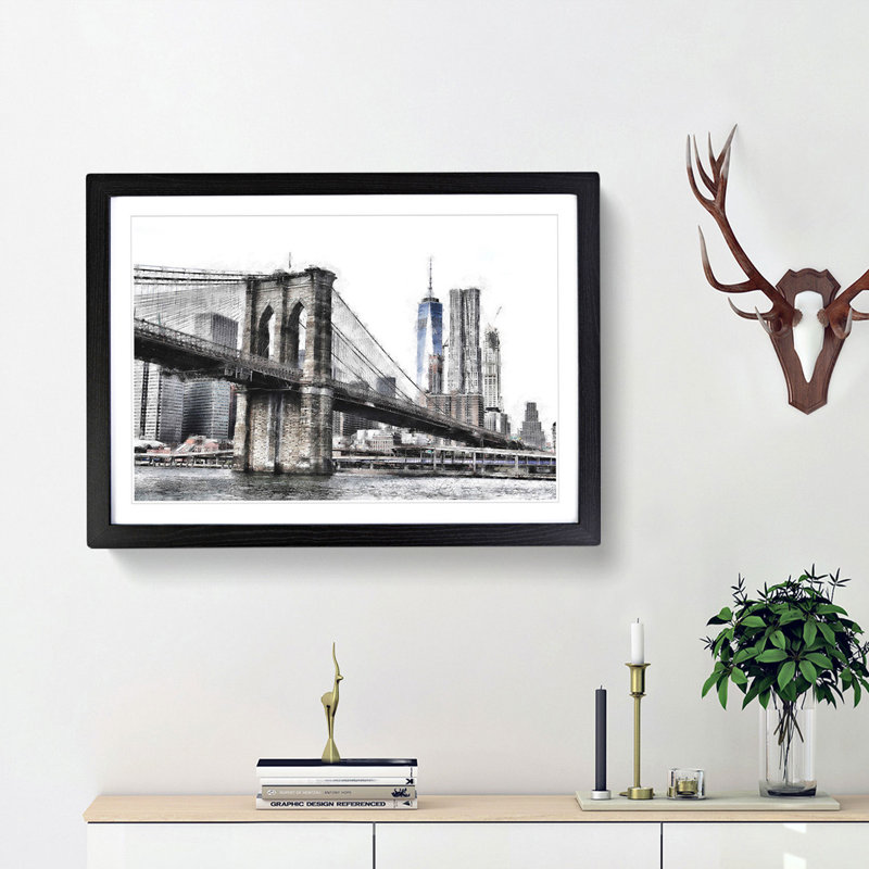 Brooklyn Bridge In New York Painting - Single Picture Frame Print on MDF, Oak, 33cm H x 45cm W x 2cm D
