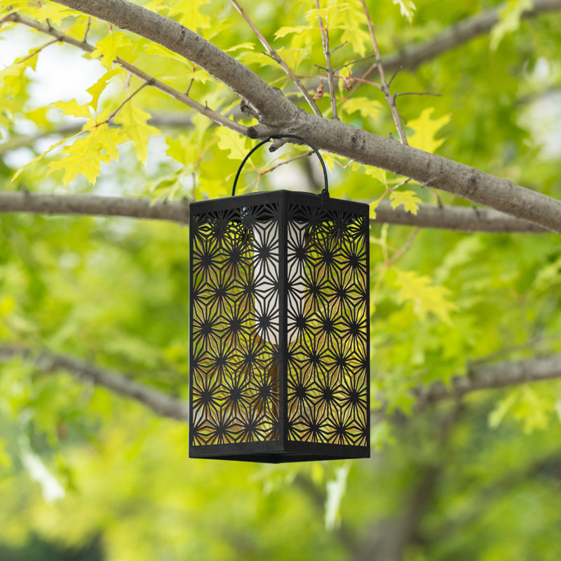 11"H Black Metal Cutout Pattern Solar Powered Hanging Lantern With LED Light