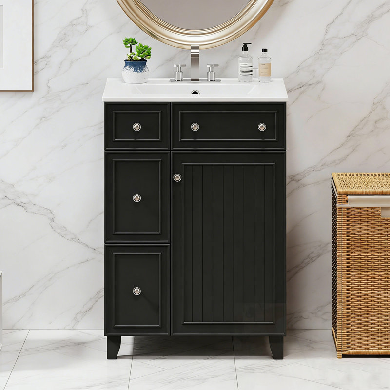 Armoire de salle de bain avec lavabo, 2 tiroirs et 1 porte à fermeture en douceur, Noir