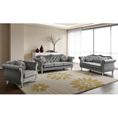 Geneva Velvet Fabric 3pc Living Room Set by House of Hampton