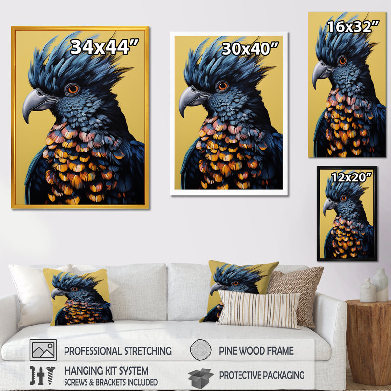 Bleu et jaune plumes majestueux perroquet V - art mural perroquet, Cadre doré simple, H 44 po x l 34 po x P 1,5 po