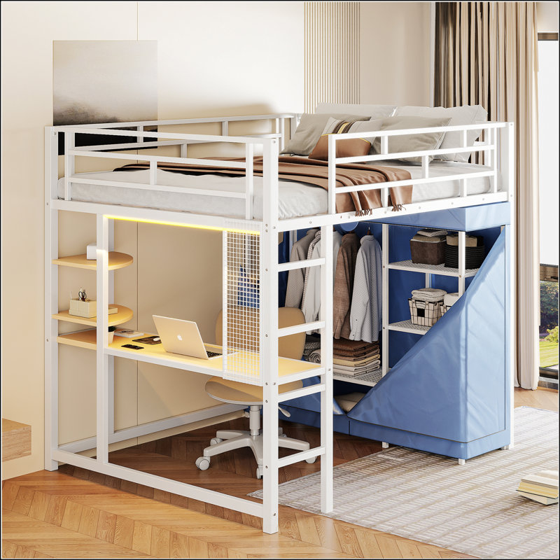 Lit mezzanine double en métal avec bureau, Blanc, Double