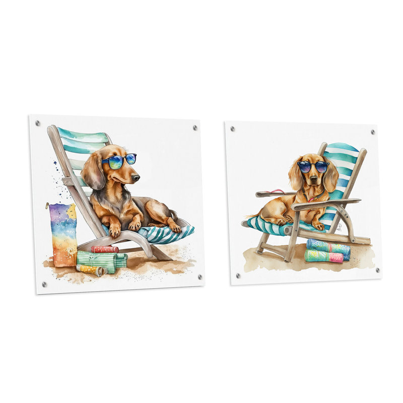Chien se prélassant sur la plage avec lunettes de soleil IV - ensemble de 2 verres muraux en acrylique, H 16 po x l 33 po