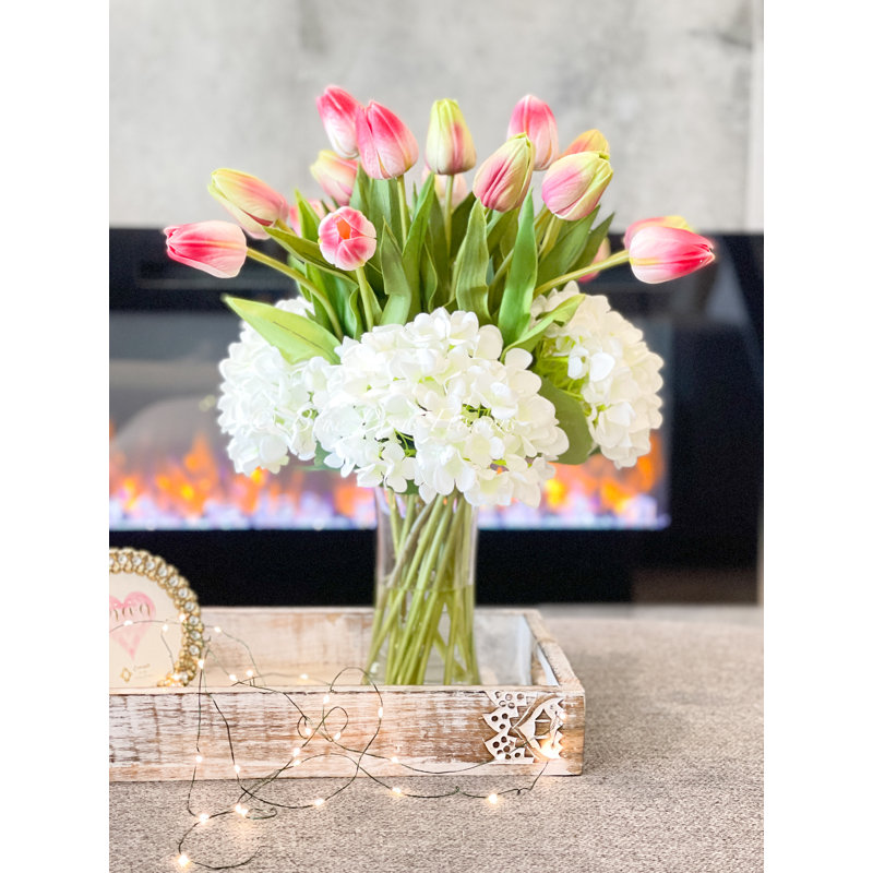 Real Touch Tulips & Hydrangeas In Glass Vase