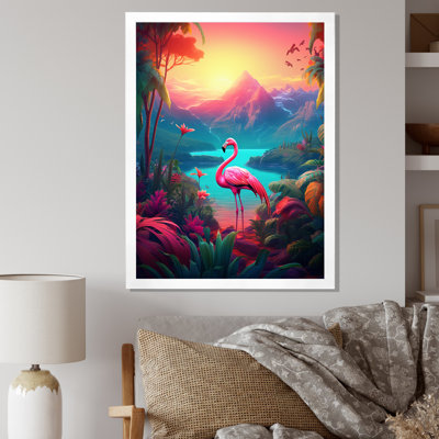 Flamant rose dans un paysage tropical - Art mural flamant rose
