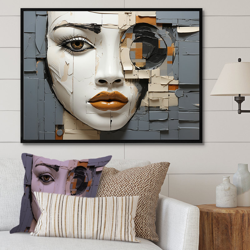 Beige gris, peinture, collage, portrait sur toile, Cadre flottant noir, H 16 po x l 32 po x P 1 po