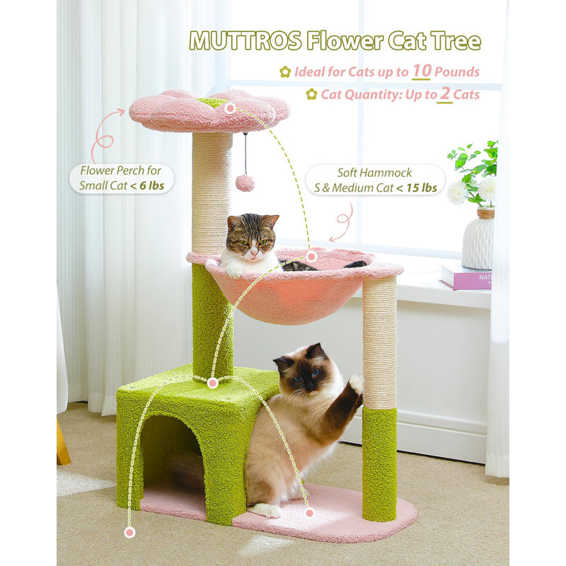 Flower Cat Tree With Large Metal Frame Hammock, 35" Cute Cat Tower With Sisal Scratching Posts For Small Indoor Cats, Cat Condo With Pink Top Perch For Kittens, Pink