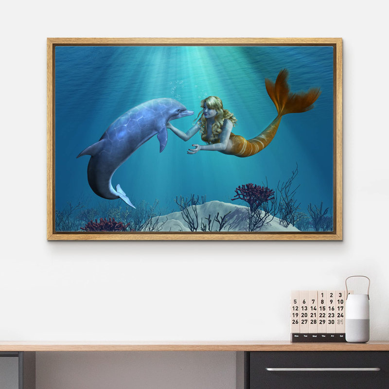 «Dolphin and Mermaid Under The Sea» sur, Encadré naturel, H 16 po x l 24 po