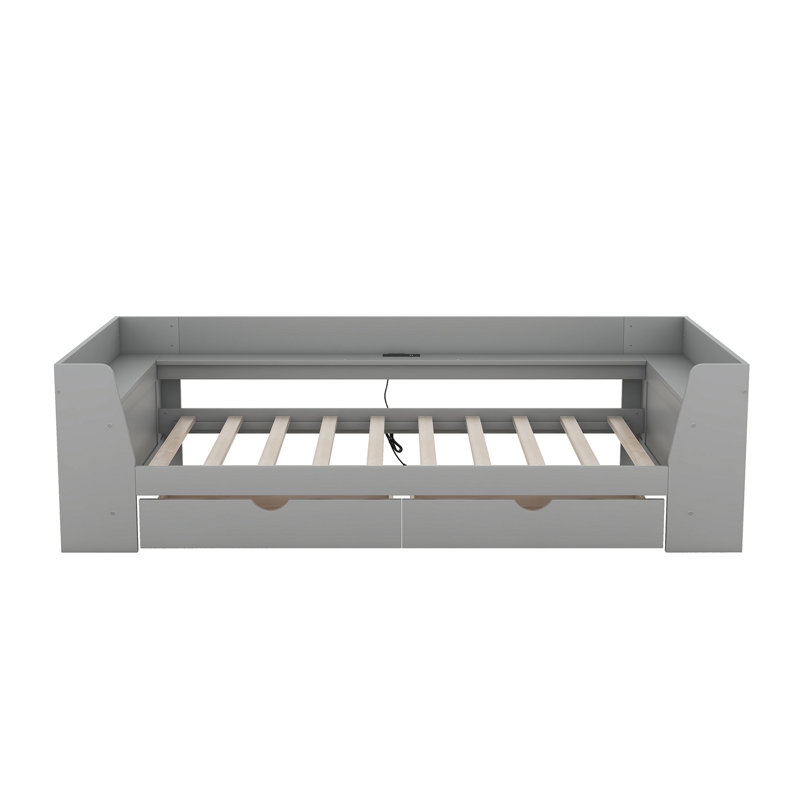 Twin Size Daybed With Shelves, Drawers And Built-In Charging Station, Grey
