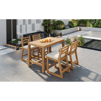 5-Piece Rustic Patio Bar Set, Patio Table And Chairs Set With Ergonomic Chairs, Solid Wood Slatted Tabletop For Poolside, Balcony, Backyard, Porch (Light Teak Cushion)