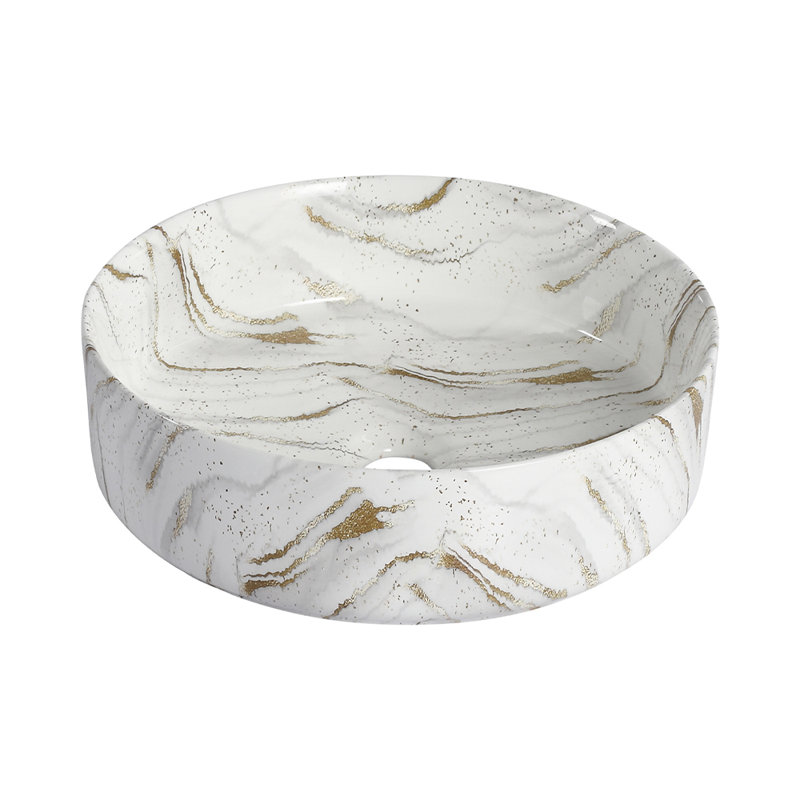 Round Counter Bathroom Ceramic Sink, White/Gold