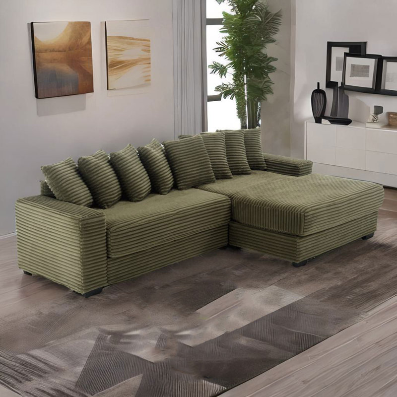 Daishun Corduroy Sectional, Right Hand Facing, Green Corduroy